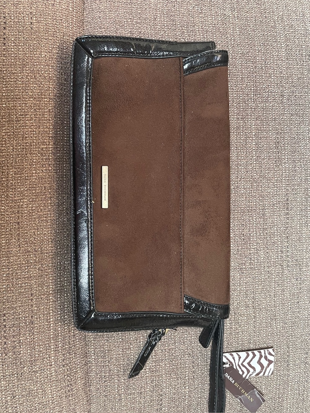 Dana Buchman Brown Suede Clutch with Black Patent Trim